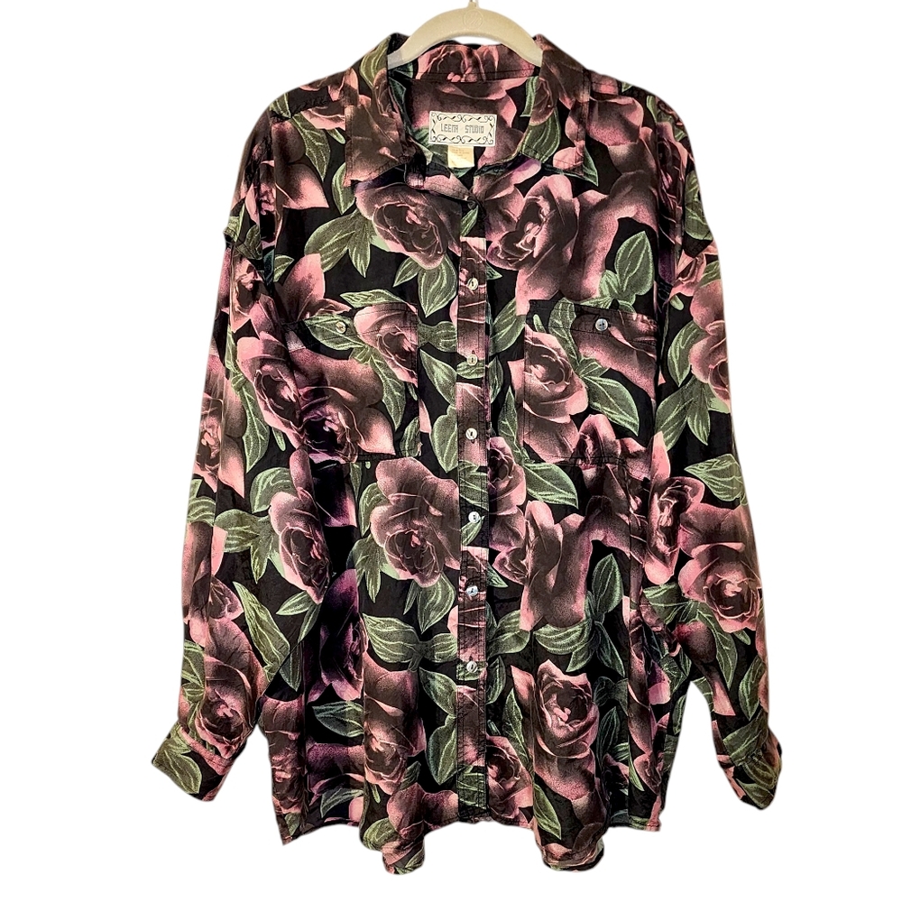 Vintage Leena Studio Silk Rose Button Down Shirt | Size Large